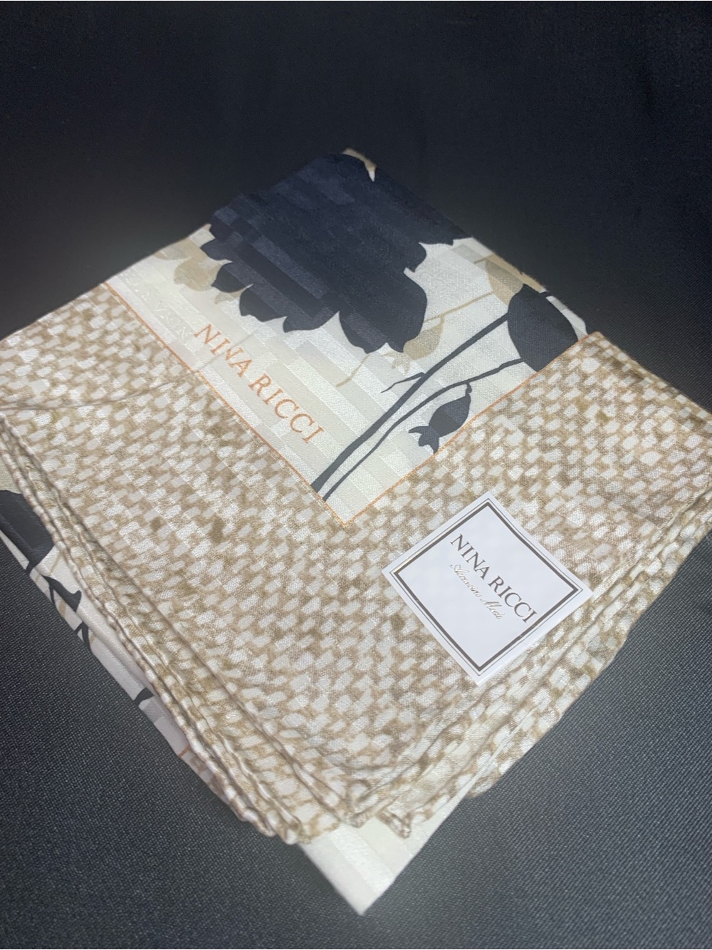 Nina Ricci Beige and Black Floral Silk Scarf